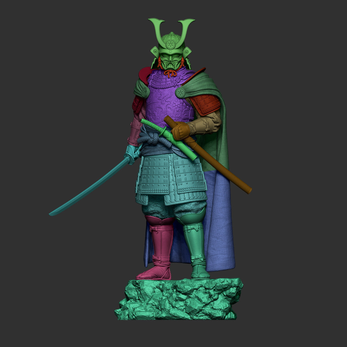 Void Ronin resin figure from Galactic Shadow Saga in dynamic standing pose with sword and axe, vibrant multi-colored paint on rocky base.