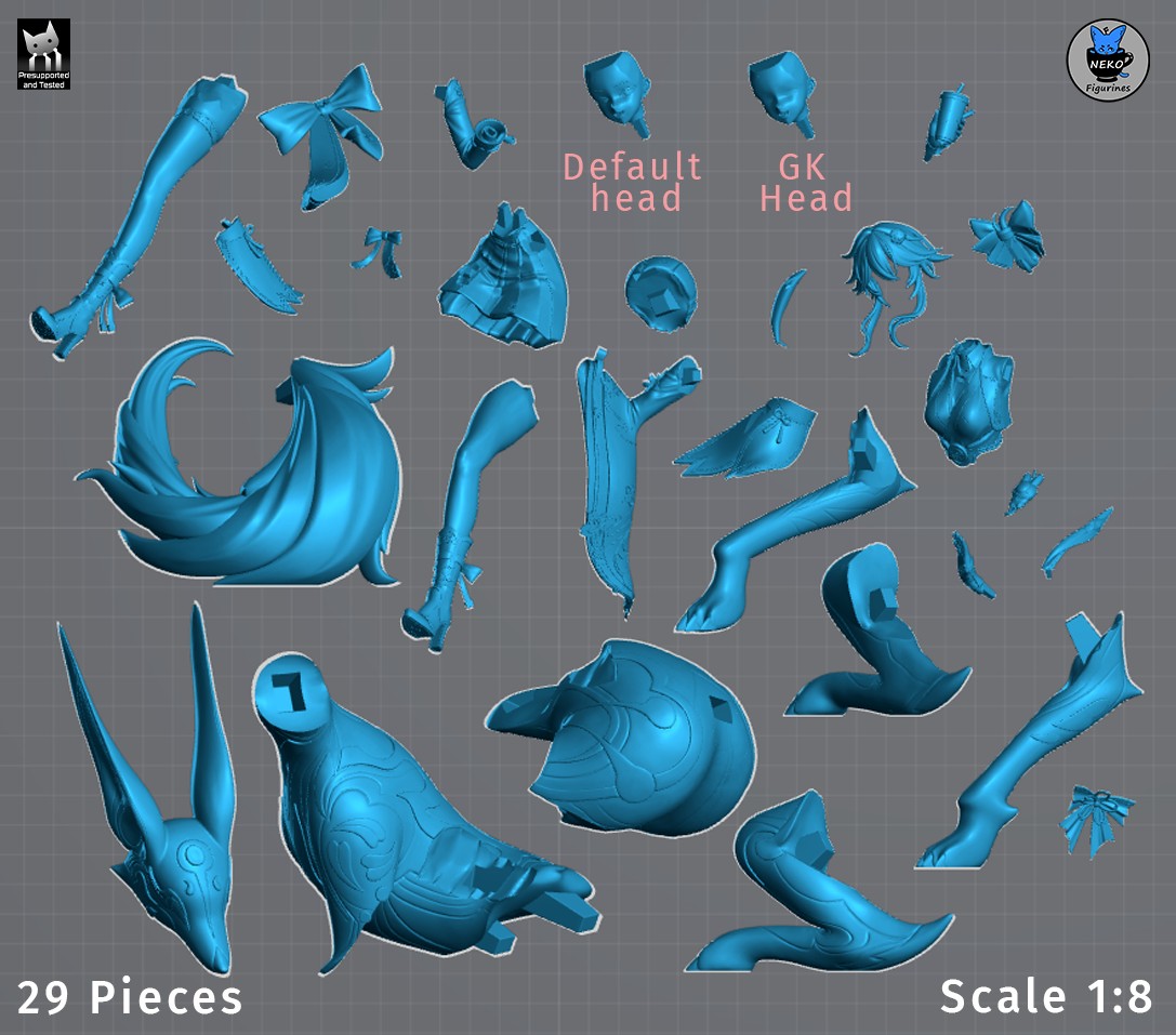 Unpainted Evanescia Honkai Star Rail resin figure parts show alternate heads, limbs, hair, and base pieces.