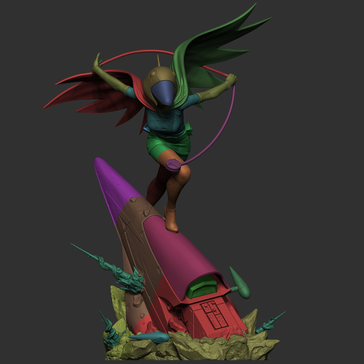 Jun the Swan resin figure from Gatchaman in dynamic surfing pose, showing painted upper body, green hair tendrils, and unpainted rocket base with terrain details.