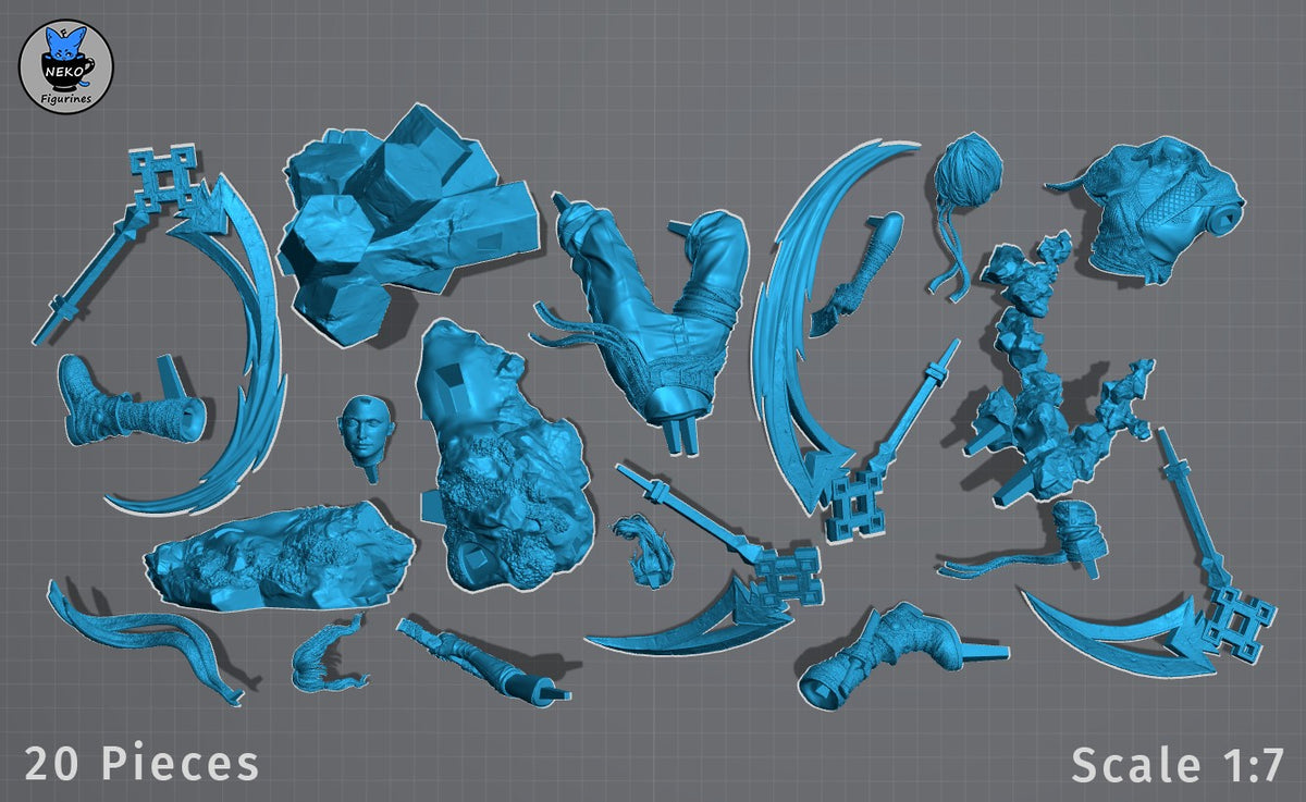 Sciel from Expedition 33 resin figure shown unpainted as 20 separate parts on a grid.