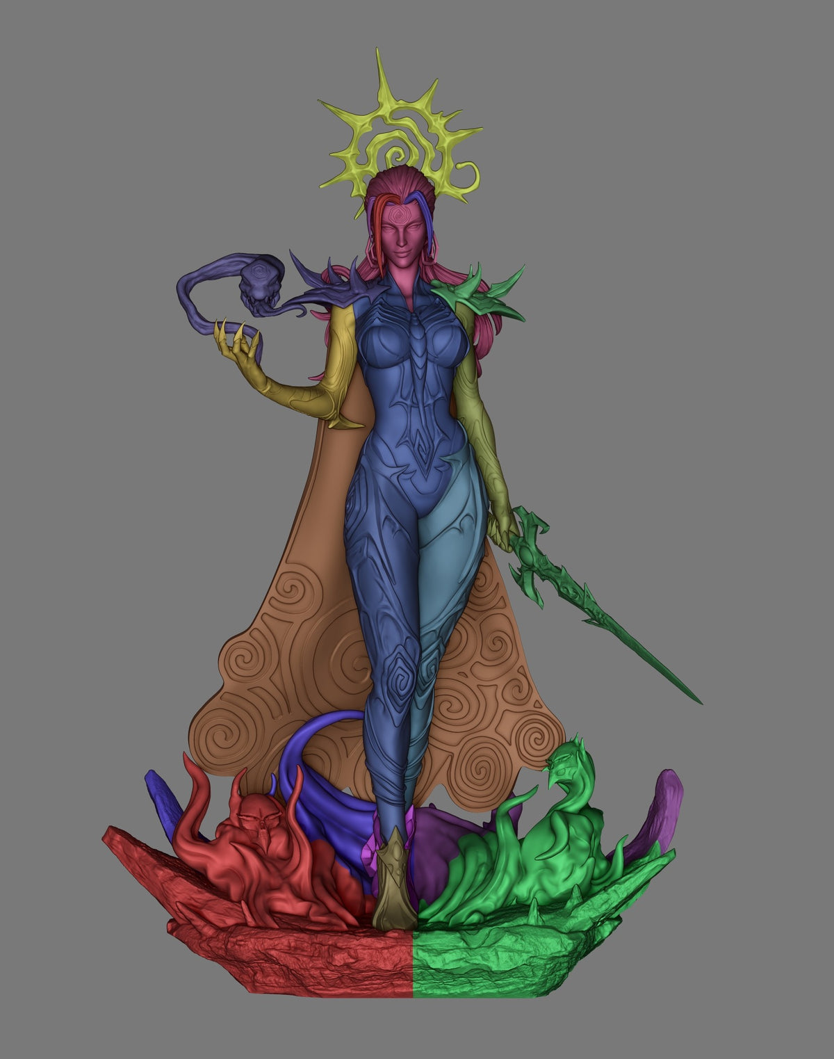 Frost Queen resin figure from Super Rivals displayed at three-quarter angle showing painted body, unpainted base parts in red and green, and separate accessories laid out.