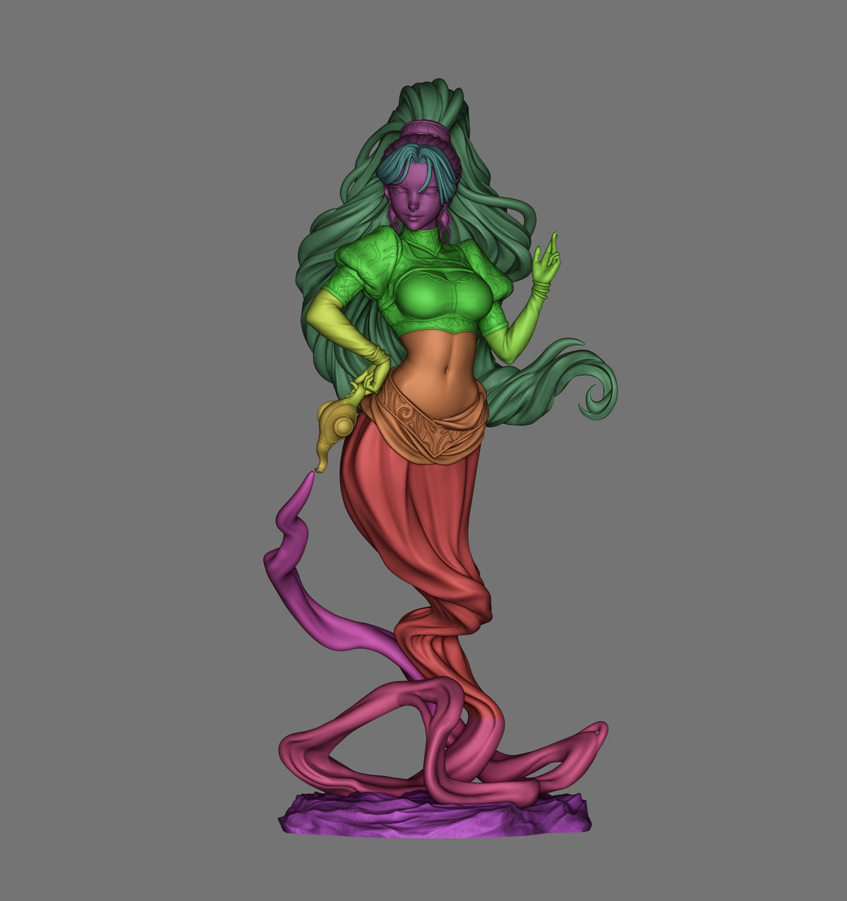 Colorful 3D printed resin figure of a green-skinned djinn character with purple hair, wearing gold and red garments, posed on a pink tentacle base against gray background.