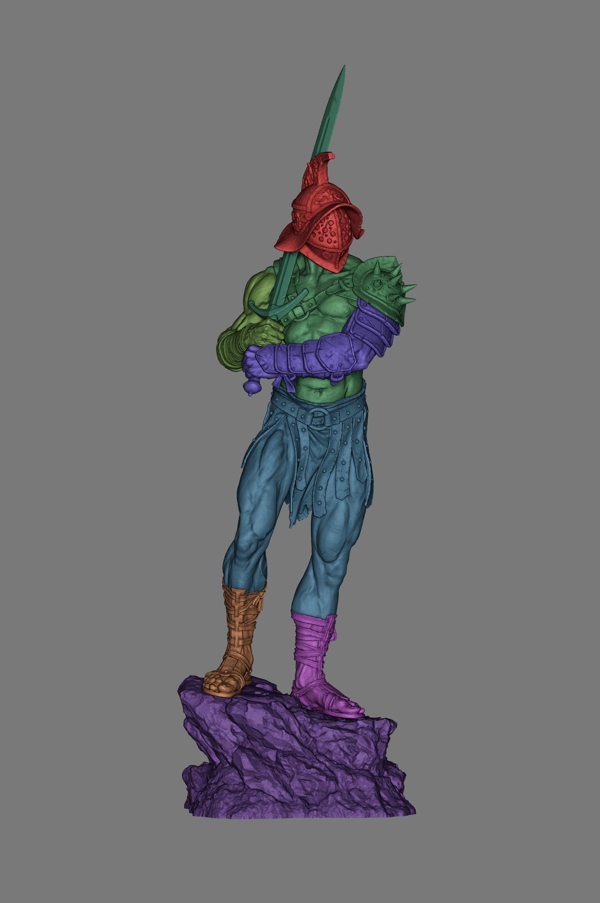 Green-skinned gladiator resin figure standing on purple base, holding spear, wearing red helmet, purple armor wraps, and blue pants, shown full front view.