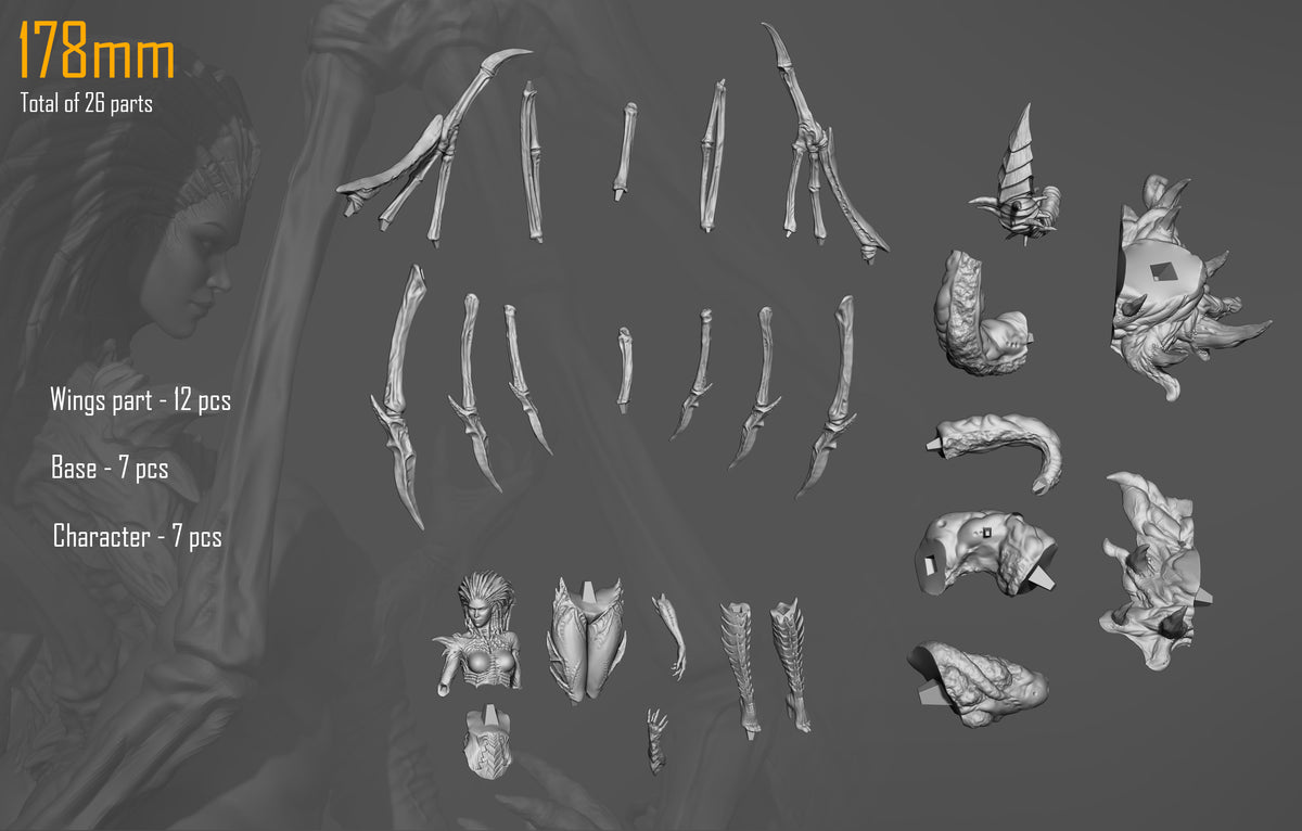 Kerrigan from Starcraft II is shown as an unpainted resin figure in separated parts, including wings and base pieces.