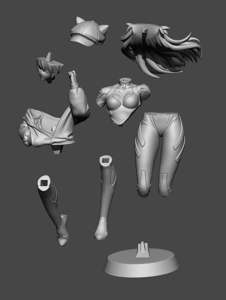 Unpainted Astra Langley from Mecha Awakening resin figure displays hair, torso, limbs, and round base.