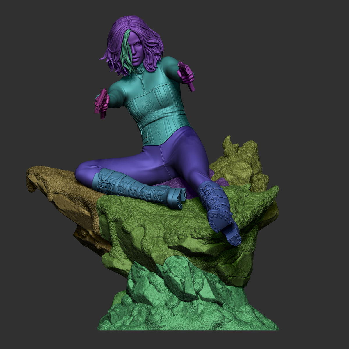 Selene from Underworld is a colored, unpainted multipart resin figure with guns and boots on a rocky base.