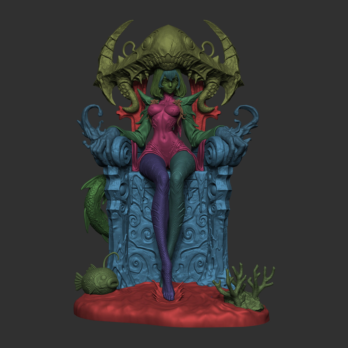Azashara resin figure displayed frontally on red base, showing full painted body with horned crown, seated pose on ornate blue pedestal with sculpted details and marine elements.