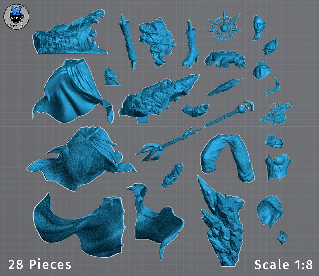 Top-down, unpainted Jaina Proudmoore from World of Warcraft resin figure parts include robes, staff, and sculpted bases.