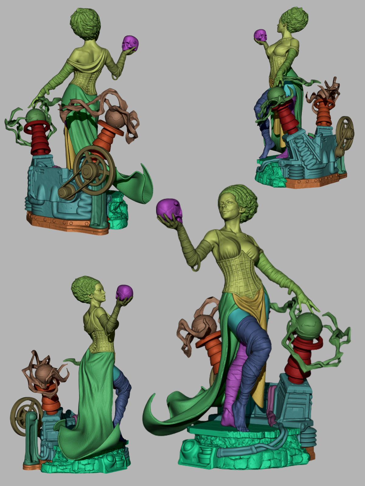 Frankenstein's Bride resin figure shown in multiple painted assembly views from front, back, and side angles with separate base and prop components.