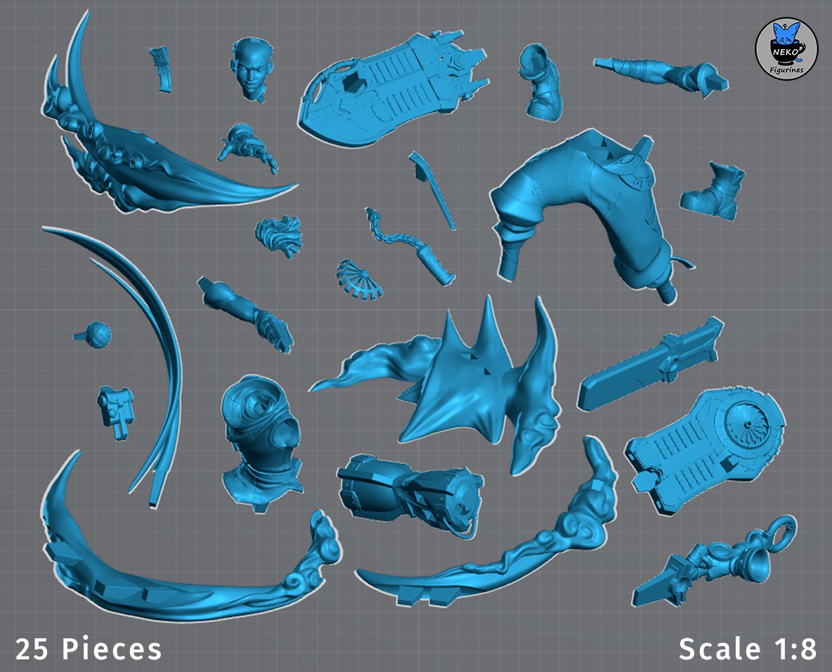 Ekko from League of Legends resin figure shown as 25 unpainted blue parts arranged separately.