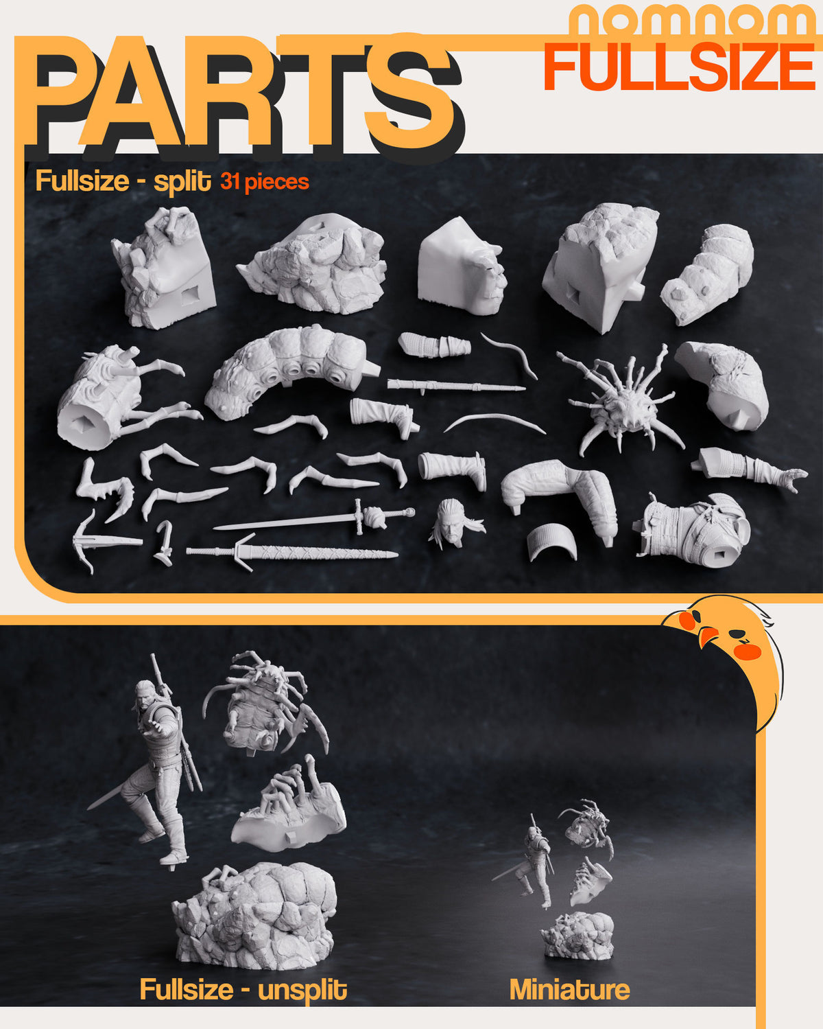 Geralt of Rivia from The Witcher resin figure shown as 31 unpainted parts with weapons and base.