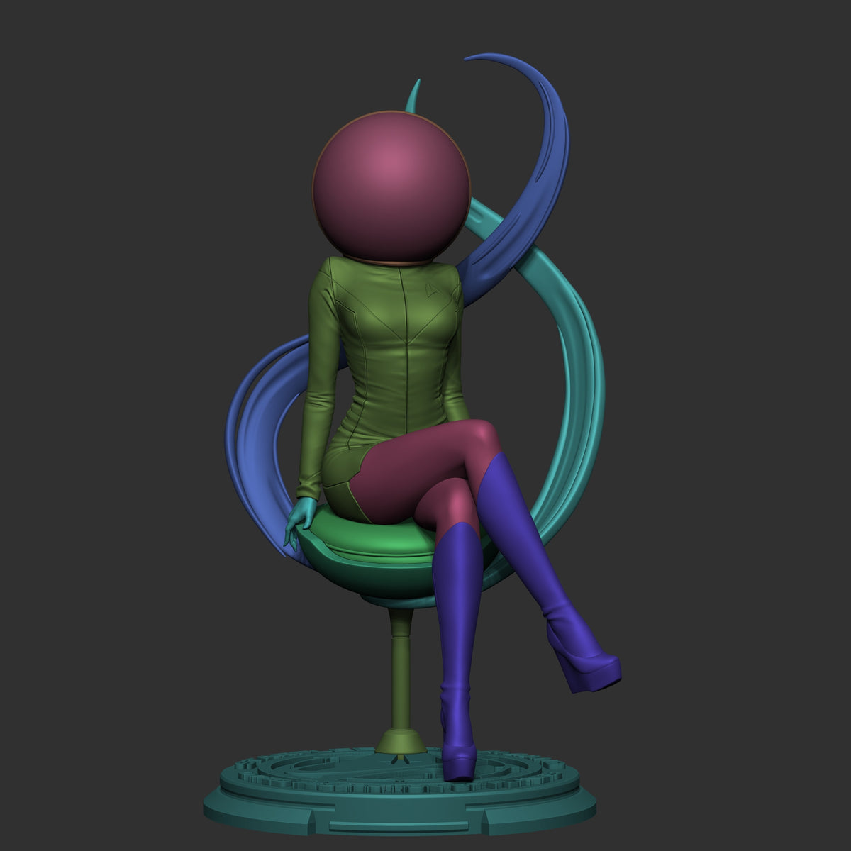 Starlight Patrol Officer resin figure in dynamic seated pose, showing painted green suit, purple boots, and burgundy sphere head with blue tentacle accessories on teal base.