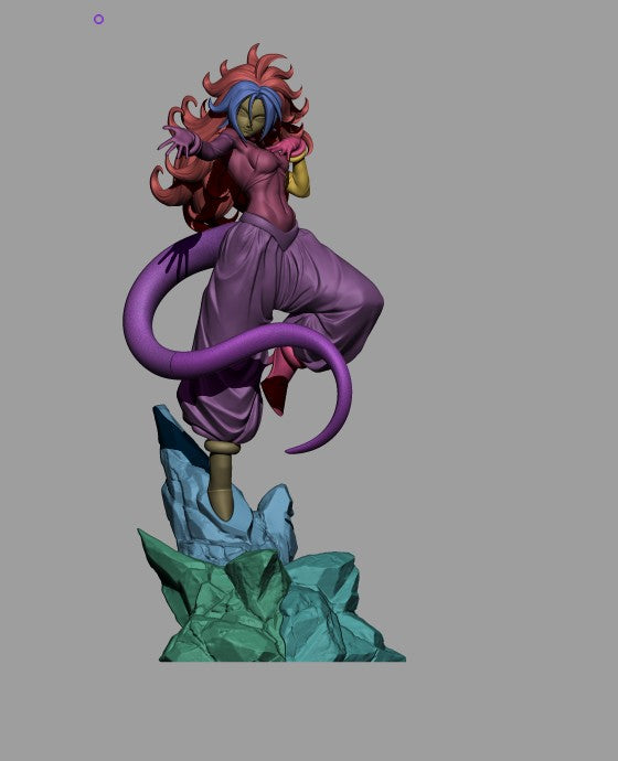 Cyborg Bio Enchantress resin figure shown in three-quarter view wearing purple outfit with tentacle-like appendages and leafy base, painted details throughout.