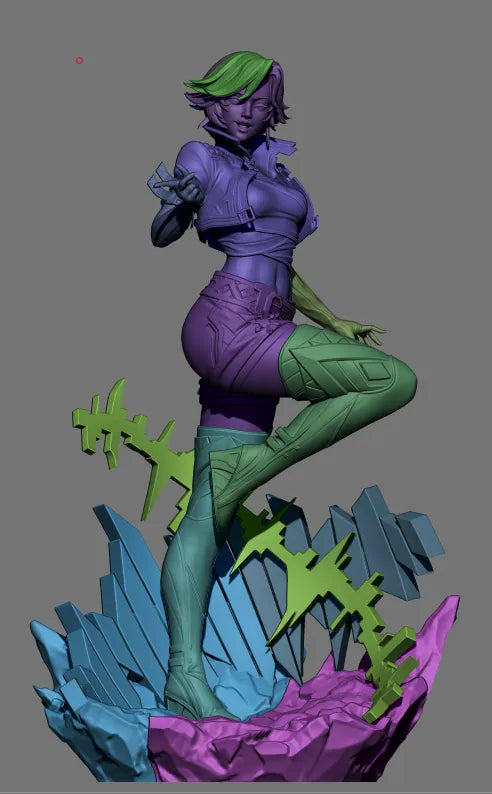 Frost Idol resin figure from Super Rivals displayed at angle showing painted purple torso, green legs, and colorful crystal base components in blue, green, and magenta.