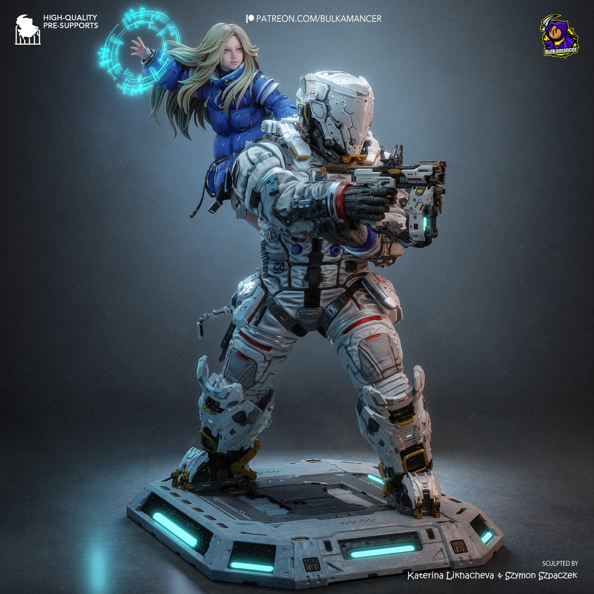 Diana and Hugh from Pragmata resin diorama: armored soldier with rifle on illuminated base, mage figure floating above in blue outfit with glowing spell effect.