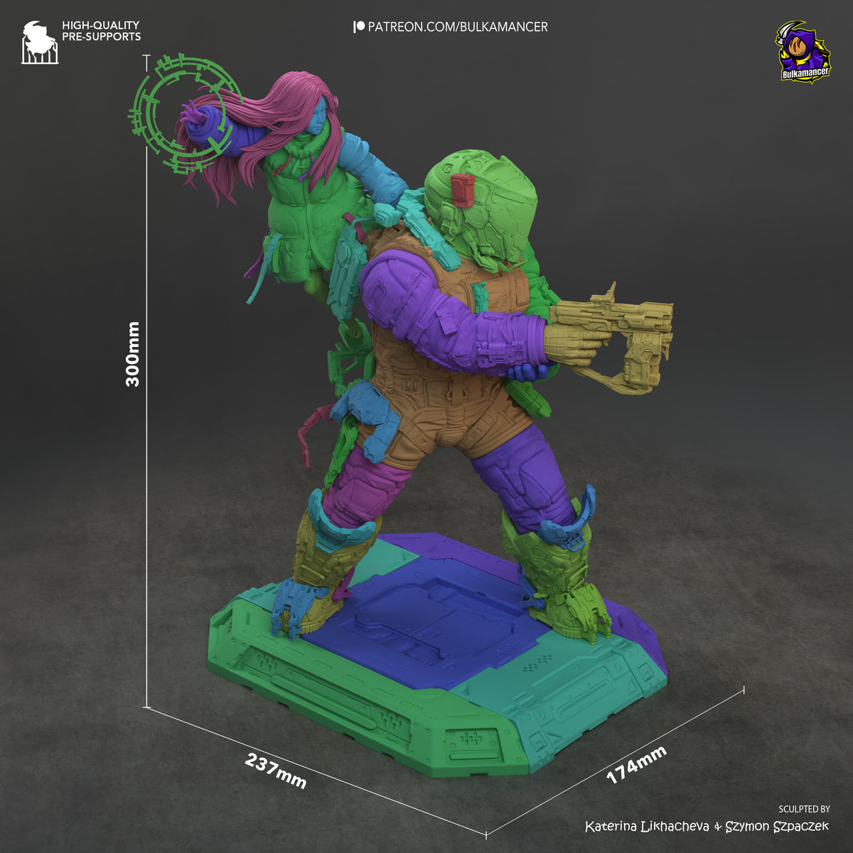 Diana and Hugh resin diorama shown at 300mm height, dynamic action pose on green base with detailed paintwork and accessories.