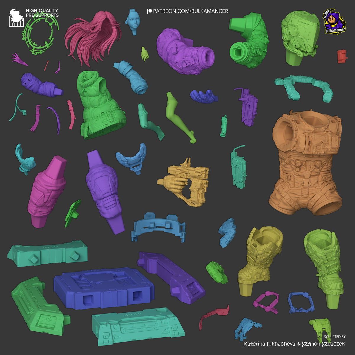 Assorted 3D printed resin parts for Diana and Hugh diorama in green, purple, blue, pink, yellow, and tan, unpainted on gray background.