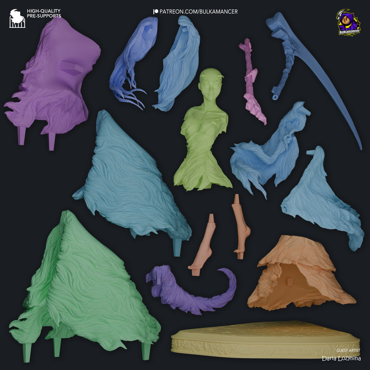 Crossbreed Priscilla 3D printed resin figure parts layout showing painted torso, limbs, wings, tail, and terrain bases on dark background.