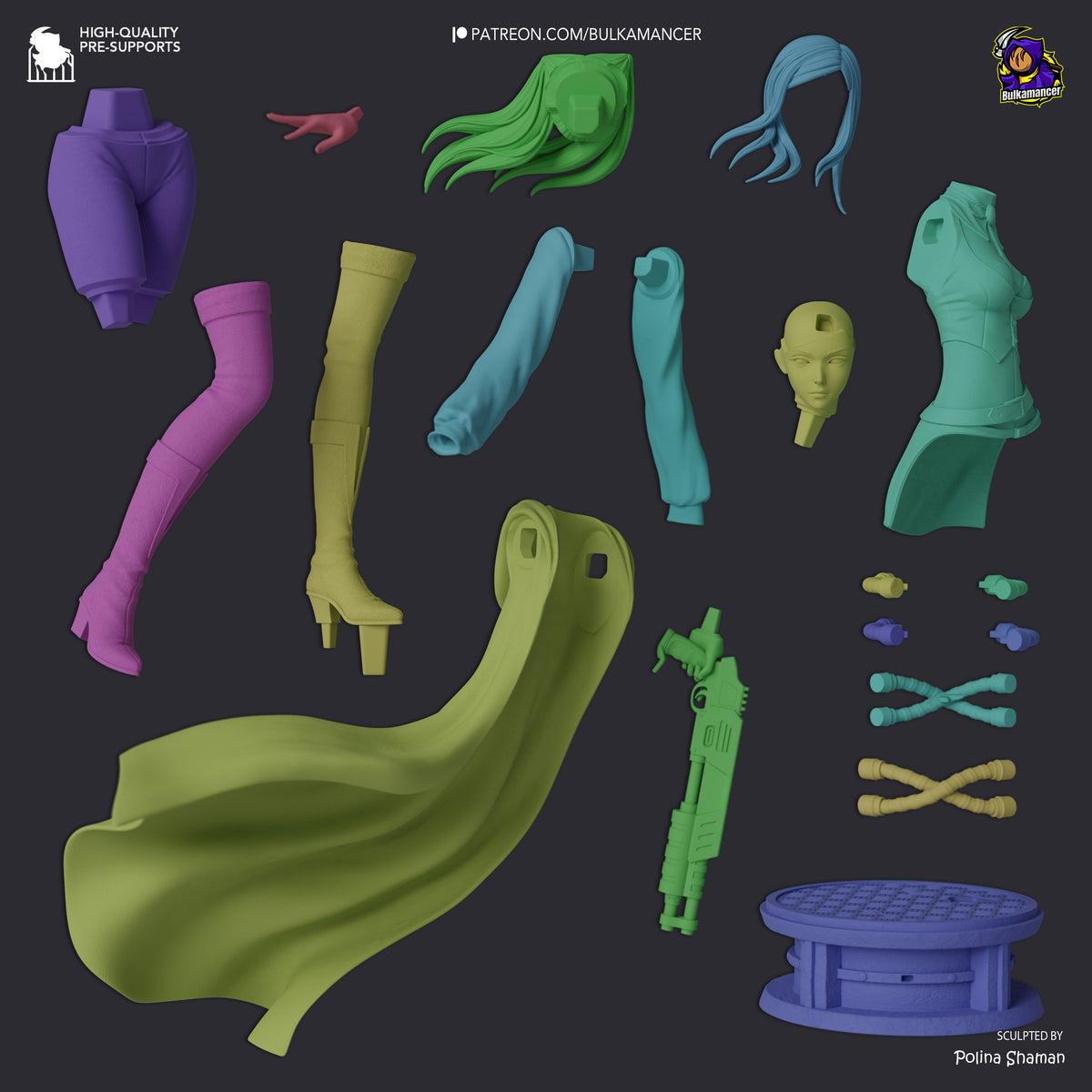 Re-L Mayer resin figure parts laid flat: painted clothing pieces in purple, pink, yellow, cyan; unpainted head and torso; hair pieces; accessories and base components.