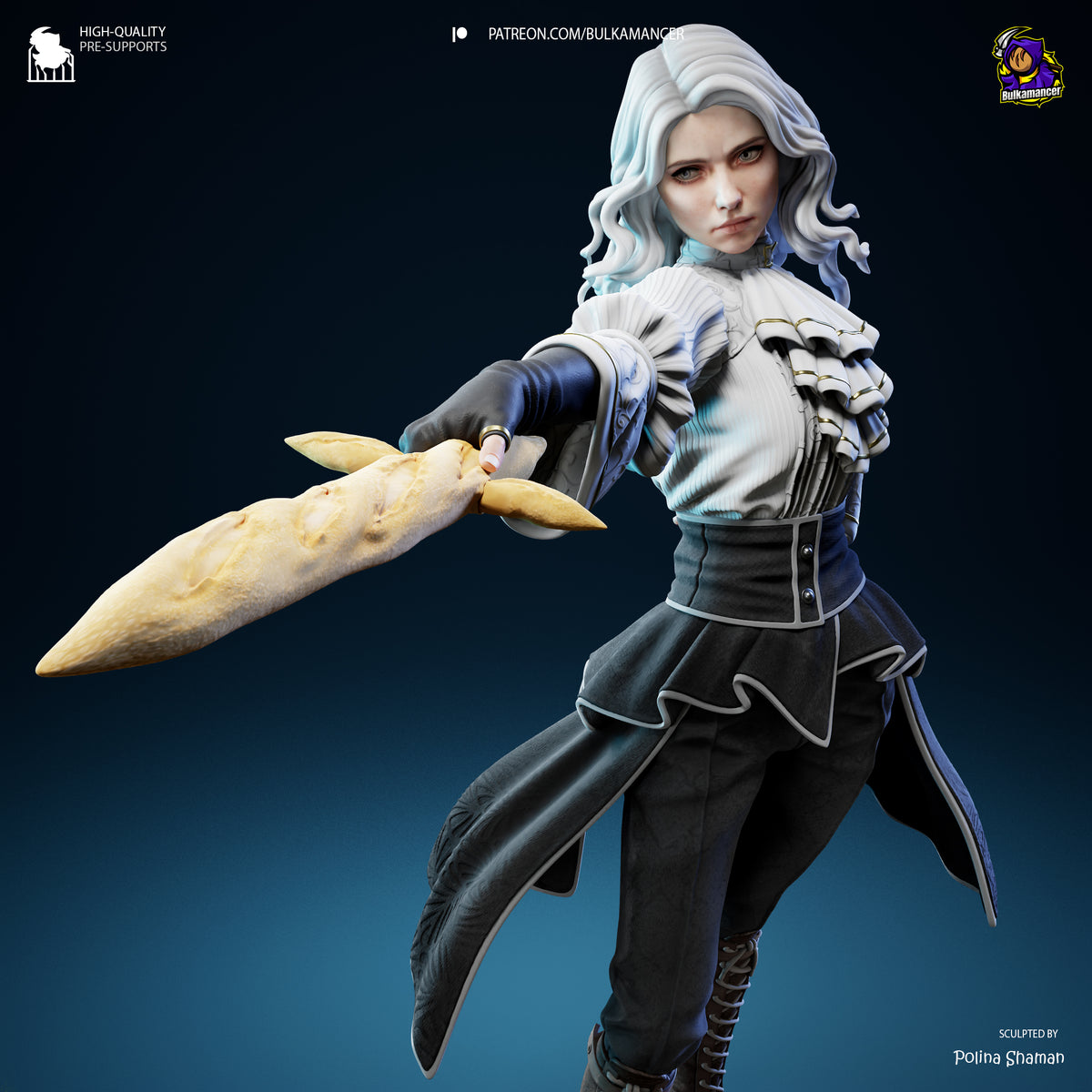 Maelle resin figure from Expedition 33 posed with bone blade, white wavy hair, detailed painted outfit with ruffled collar and black coat against blue gradient backdrop.
