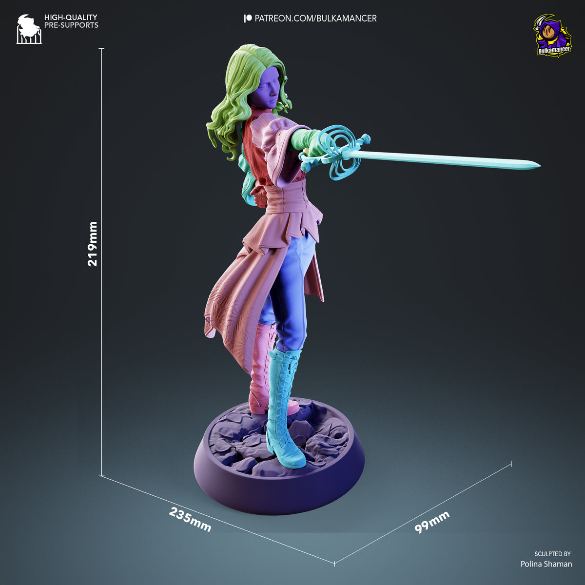 Maelle resin figure from Expedition 33 displayed at 219mm height, shown in dynamic pose wielding an ornate sword, with detailed paint work and textured base.