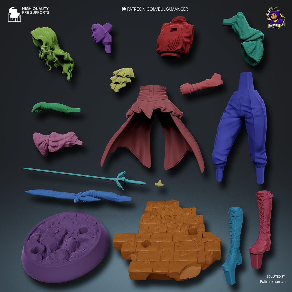 Disassembled resin figure parts for Maelle from Expedition 33 displayed flat: limbs, torso, head, weapons, and base in various colors against dark background.