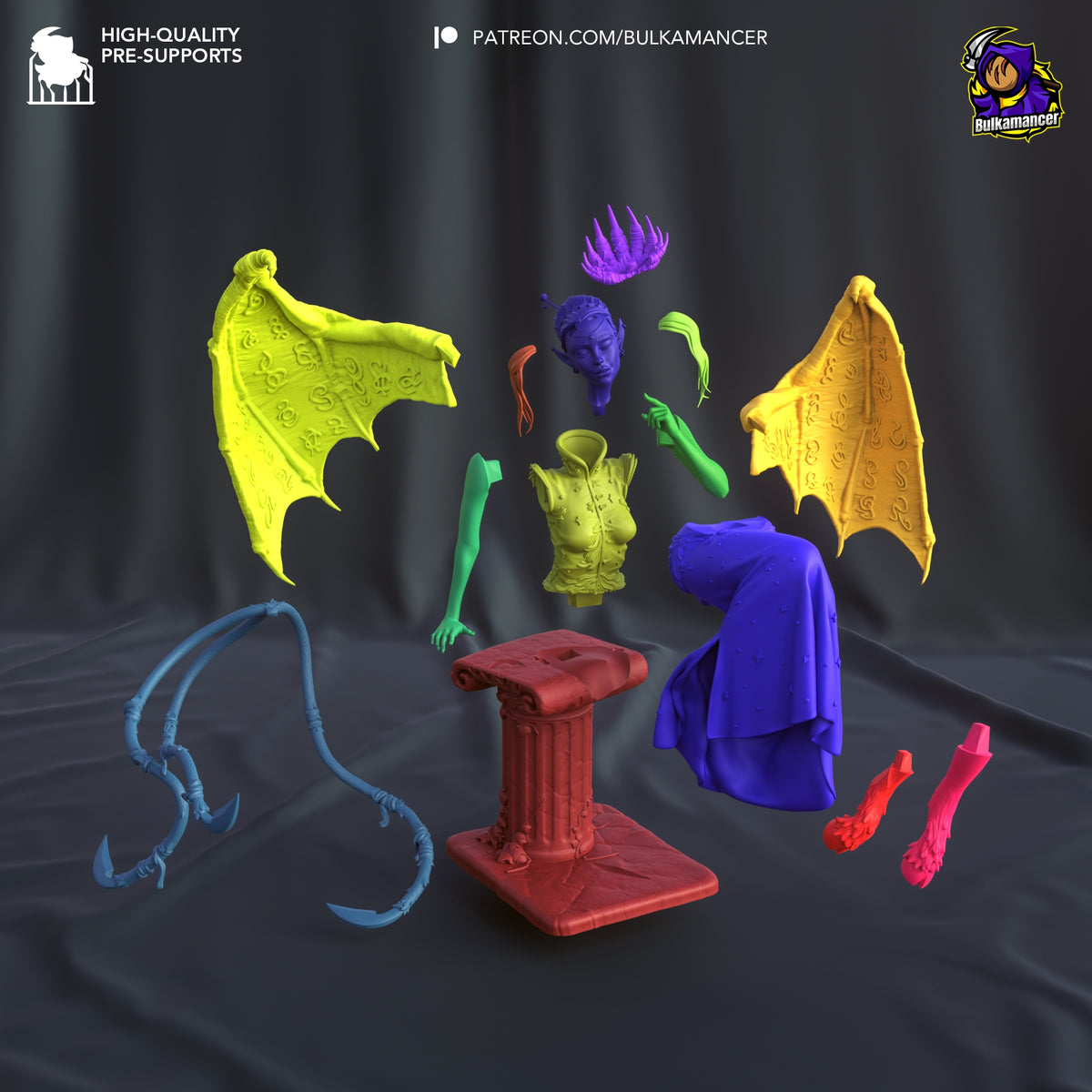 Nocticula - The Redeemer Queen from Pathfinder resin figure parts are unpainted and separated around a sculpted base.