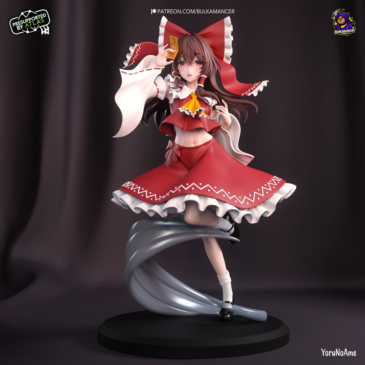 Reimu Hakurei resin figure in red and white shrine maiden outfit with large bow, posed dynamically on black curved base, painted with detailed features and flowing fabric details.