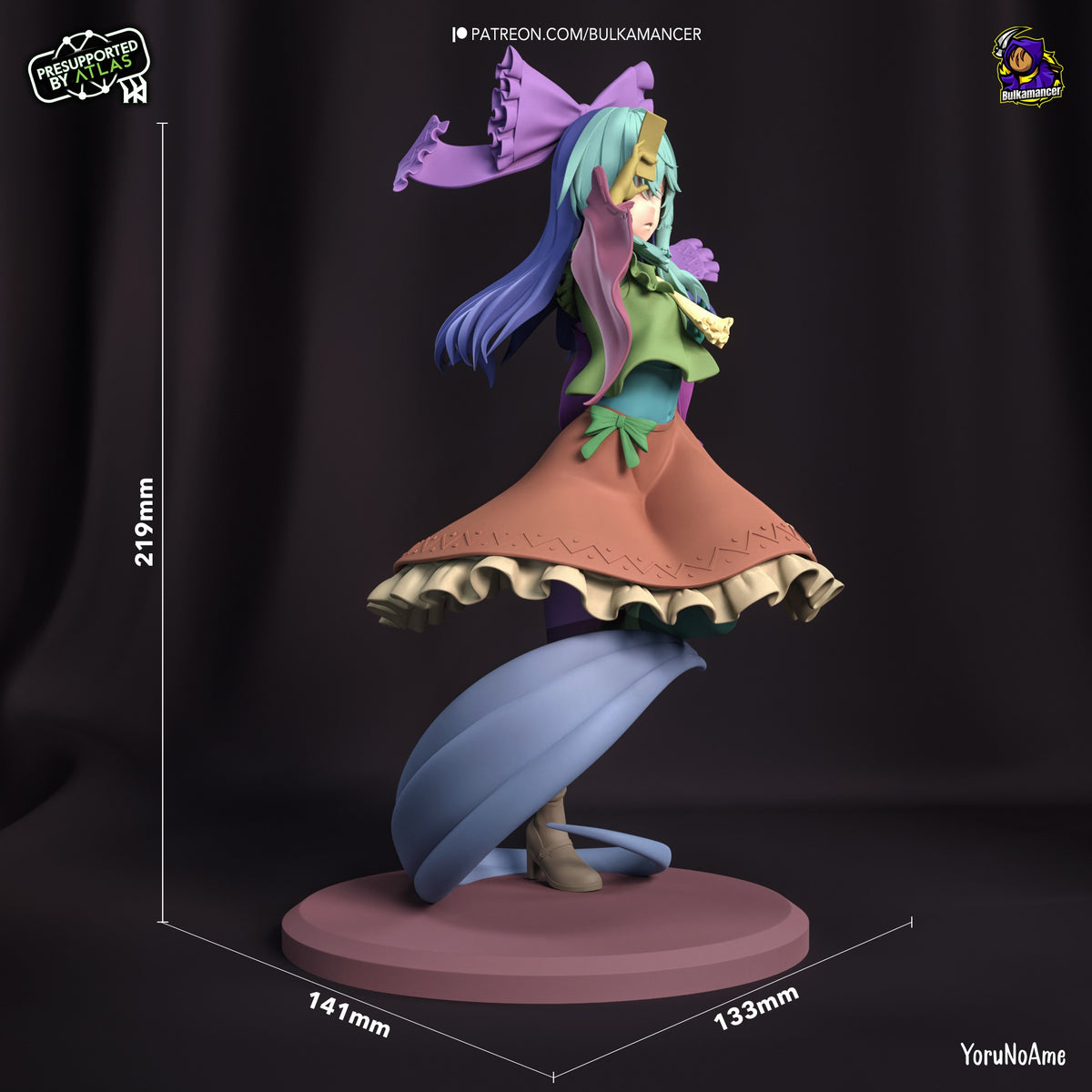 Reimu Hakurei resin figure shown at scale with dimensions, displaying painted upper body and blue tail base, posed dynamically on circular platform.