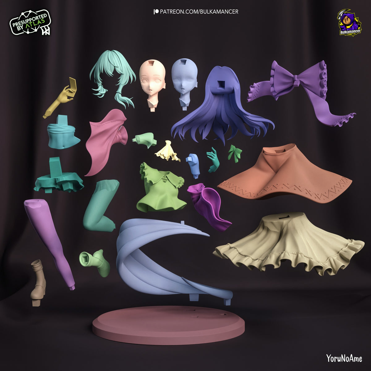 Reimu Hakurei resin figure parts displayed on a dark backdrop: multiple head sculpts, hair pieces, torso sections, limbs, clothing parts in various colors, and a circular base.