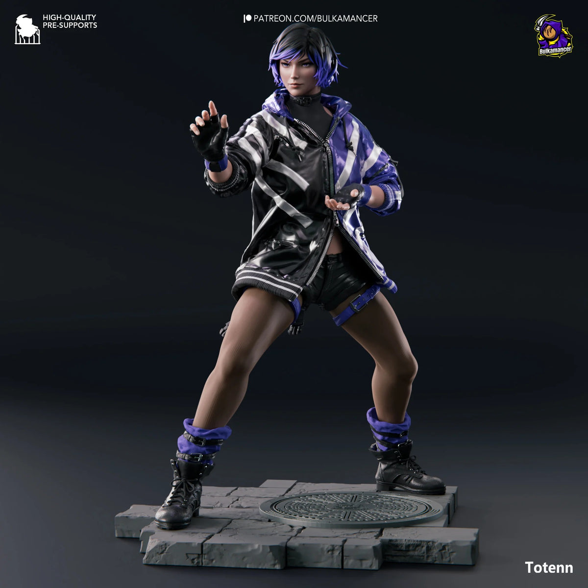 Totenn resin figure posed dynamically on stone base, purple and black outfit, raised fists, detailed painted features and accessories.