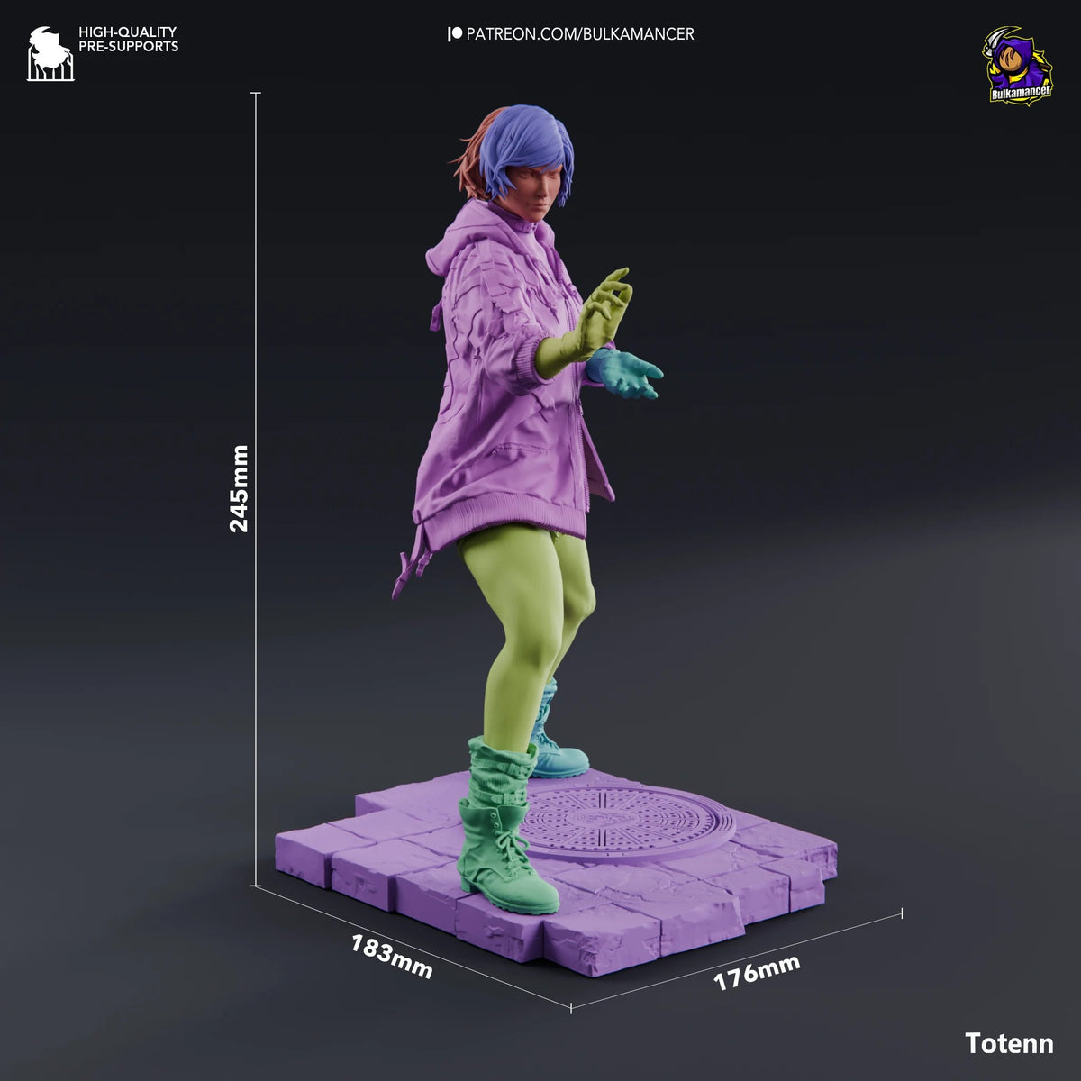 Totenn resin figure standing on purple base, side angle view, wearing pink hoodie and lime green legs, height 245mm, dimensions 183x176mm.