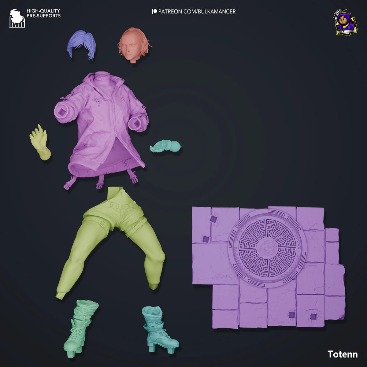 Disassembled resin figure parts for Totenn character laid out on dark background, including purple jacket, yellow-green legs, cyan boots, heads, hands, and circular platform base.
