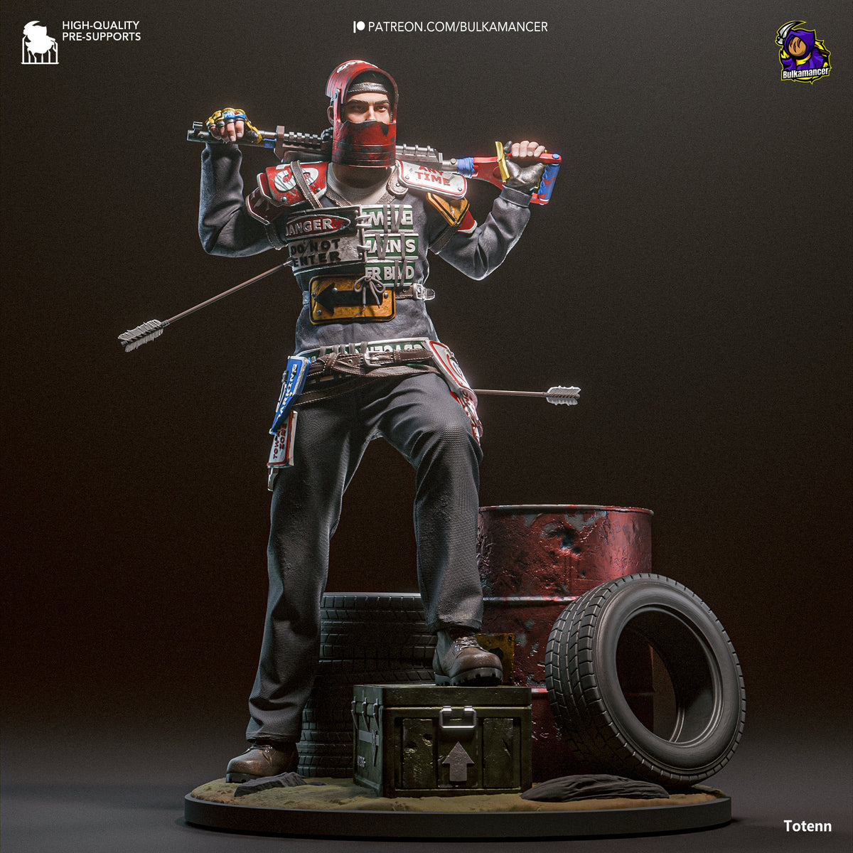 Survivor from Rust resin figure posed triumphantly on stacked cargo, holding weapons aloft, detailed paintwork, circular base.