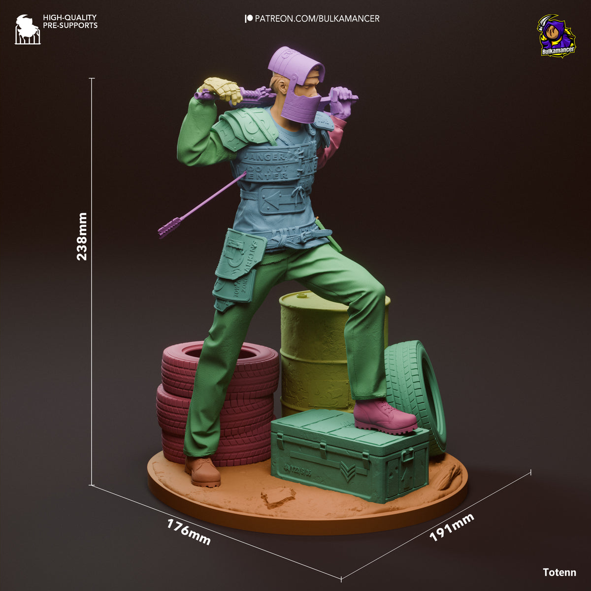 Rust Survivor resin figure shown at 238mm height, posed dynamically on base with stacked tires and cargo containers, fully painted in green and purple.