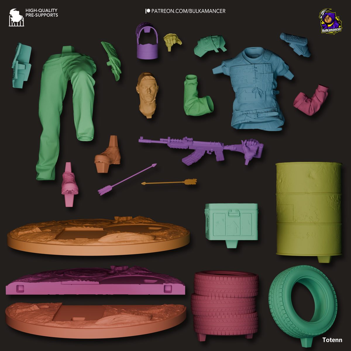 Disassembled Survivor resin figure from Rust showing all painted components: body, head, limbs, clothing, weapons, and environmental base pieces arranged on dark background.