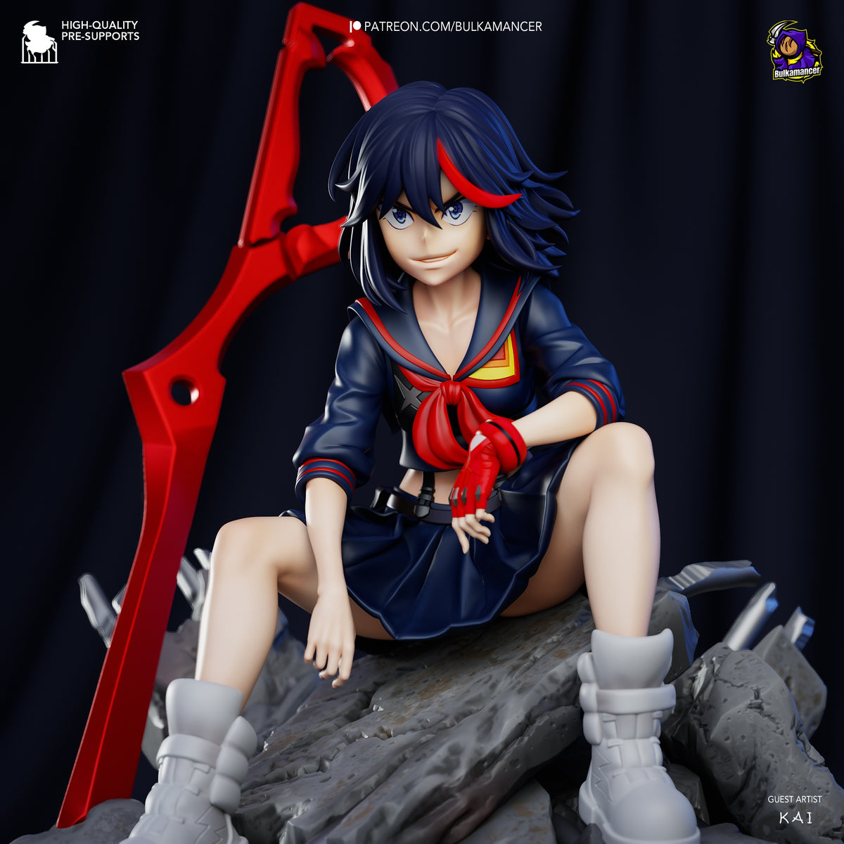 Ryuko Matoi resin figure seated on rocky base, holding red scissor blade, navy sailor uniform with red accents, detailed paint work, front three-quarter angle.