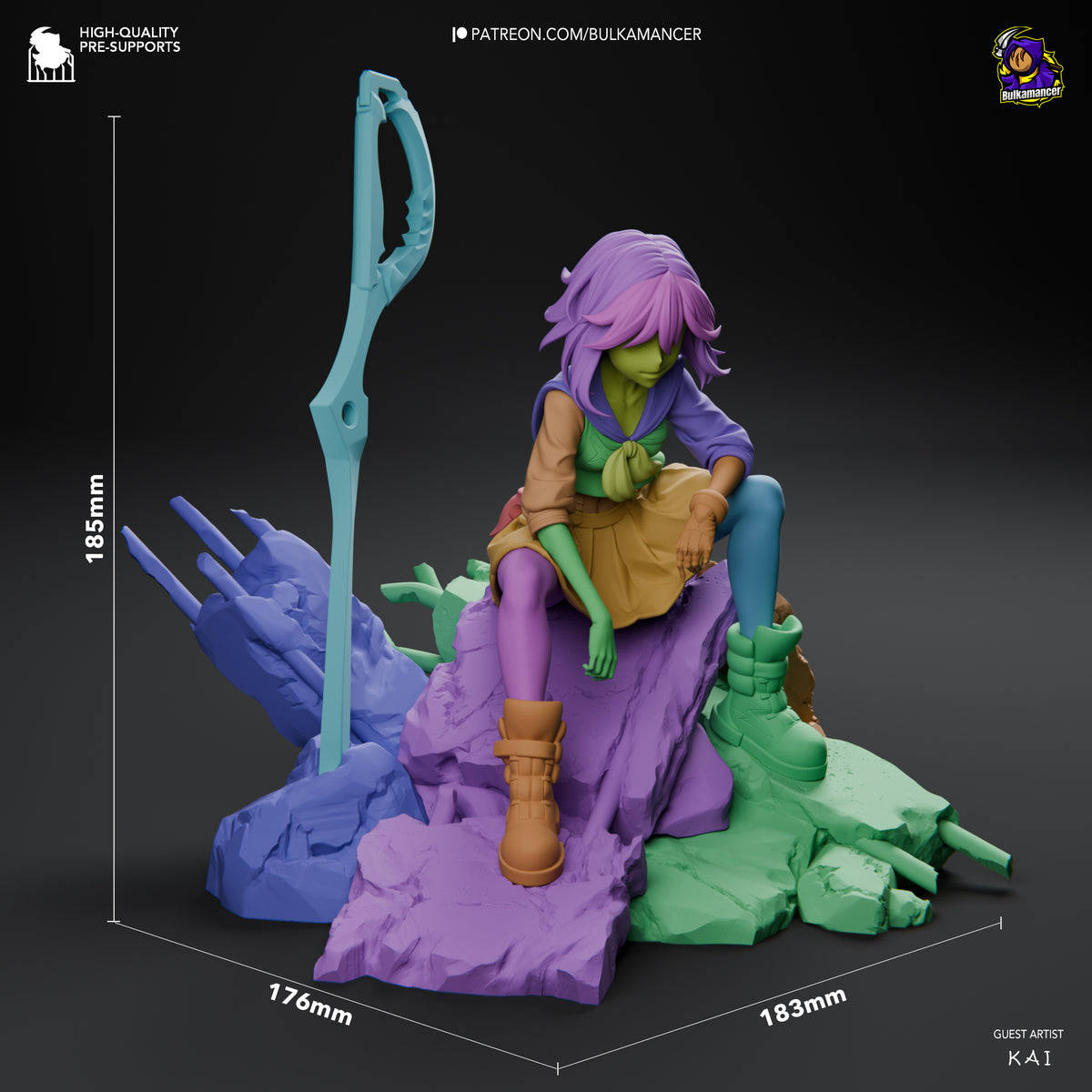 Ryuko Matoi resin figure at 185x176x178mm scale, seated pose with purple hair and green skin, colorful painted details, multicolored base with blue hand and green rock elements.