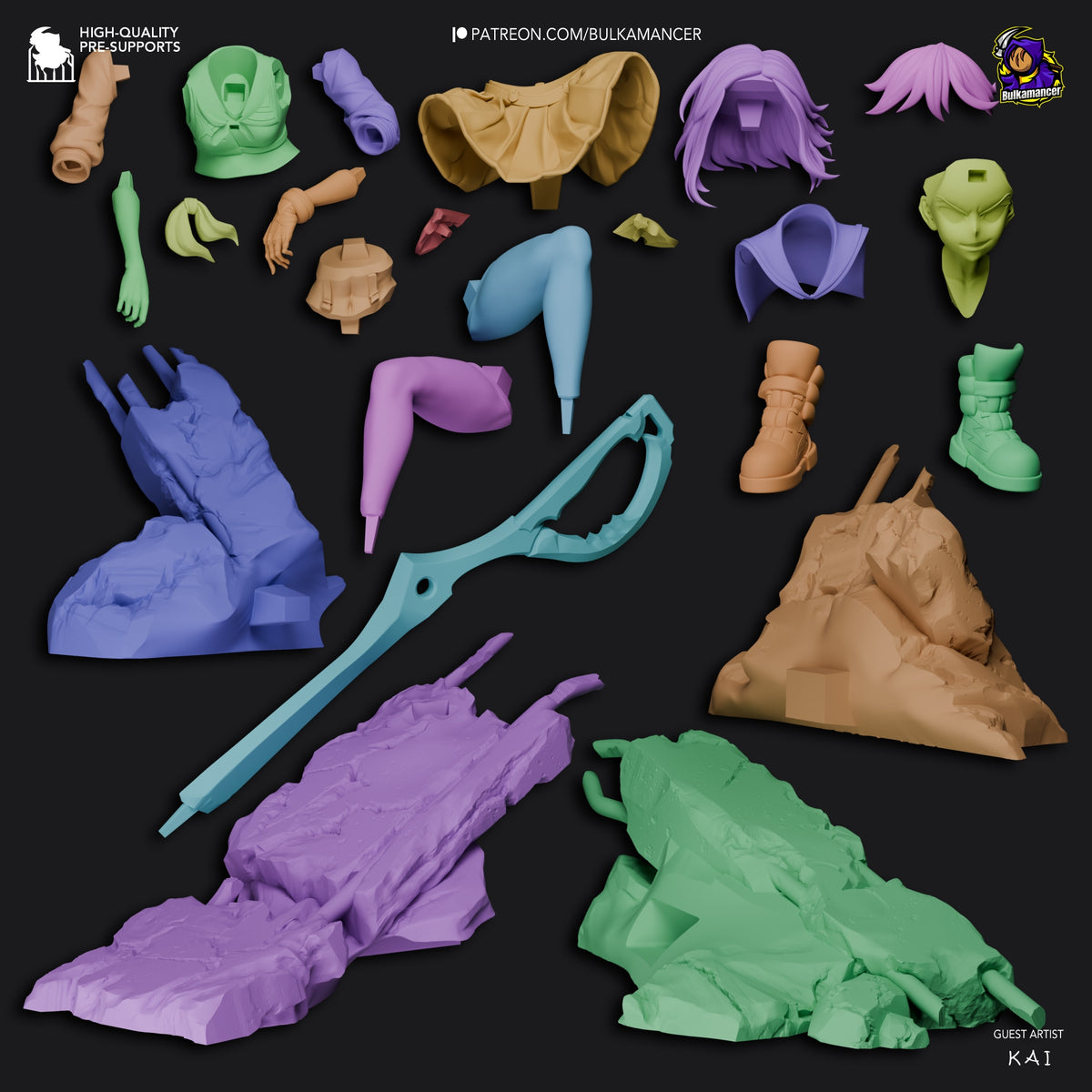 Ryuko Matoi resin figure parts layout showing painted heads, limbs, clothing pieces, weapons and bases in various colors against black background.