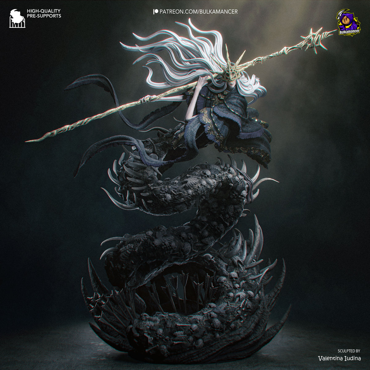 Aldrich, Devourer of Gods resin figure posed upright on a dark base, wielding a glowing staff, with flowing hair and detailed dark armor visible from front angle.