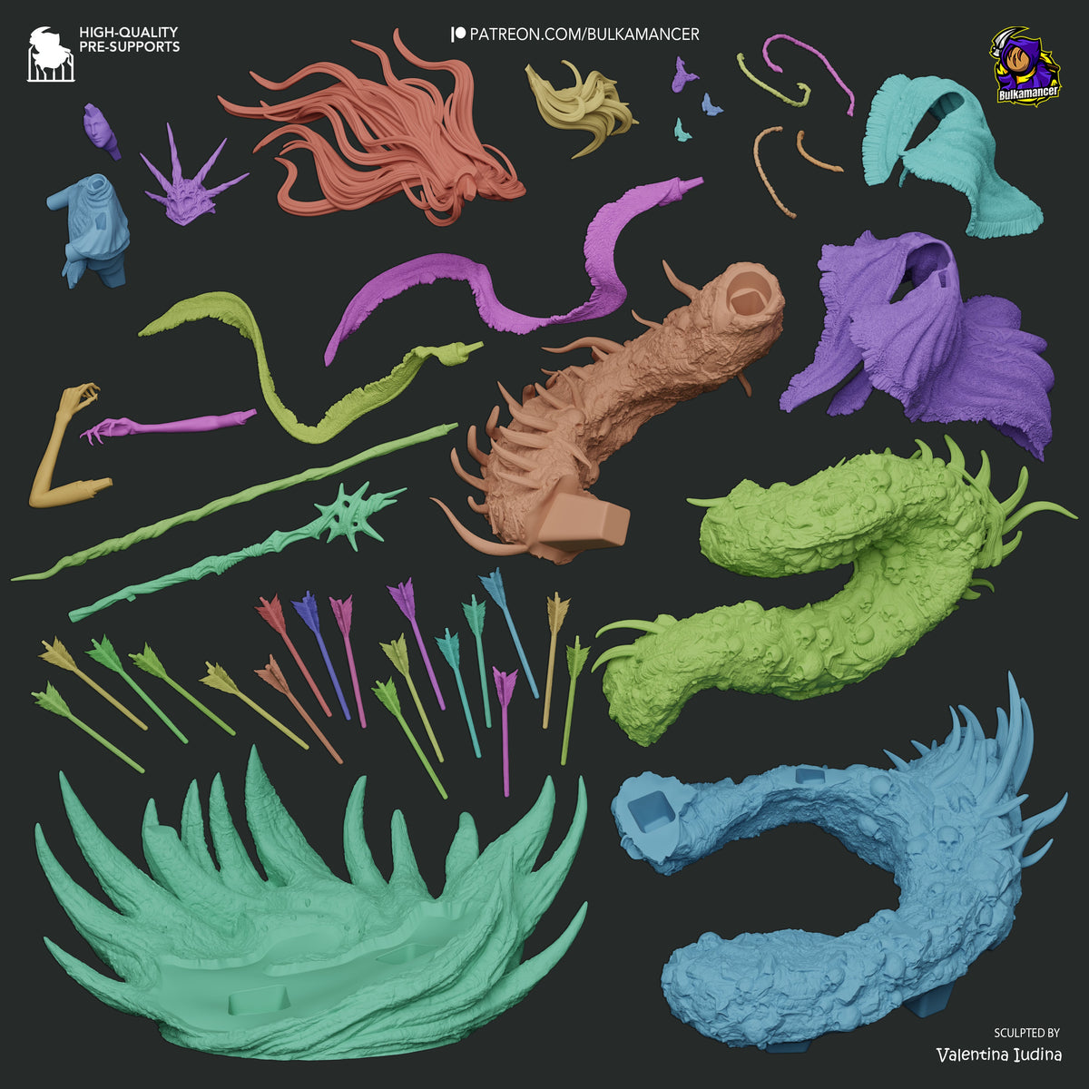 Disassembled resin figure parts of Aldrich from Dark Souls, including tentacles, limbs, and decorative elements in various colors against dark background.