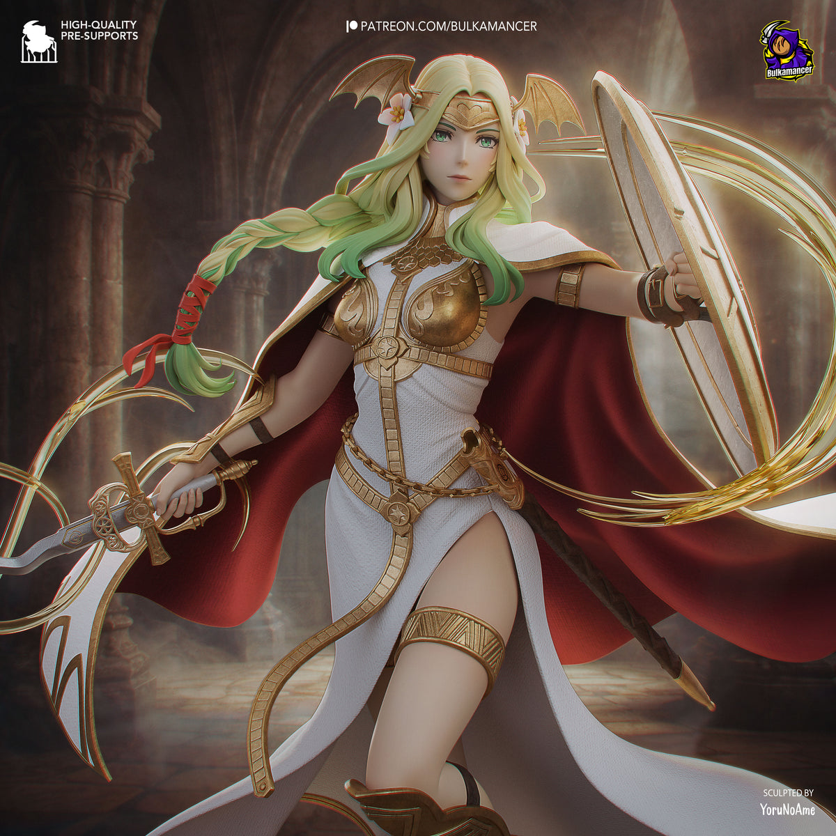 Divine Matron from Fire Symbol resin figure in a painted beautyshot, posed with sword, shield, wings, and flowing cape.