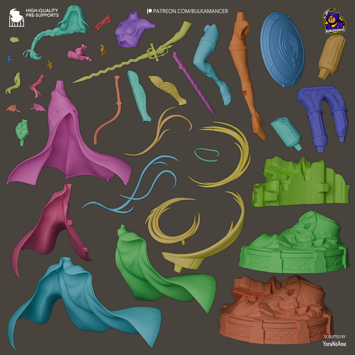 Divine Matron from Fire Symbol resin figure shows top-down unpainted parts and sculpted bases.