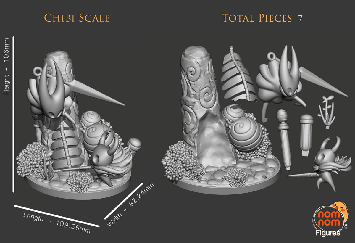 Knight and Hornet from Hollow Knight appear unpainted in a resin figure scale layout with separated parts and a sculpted set.