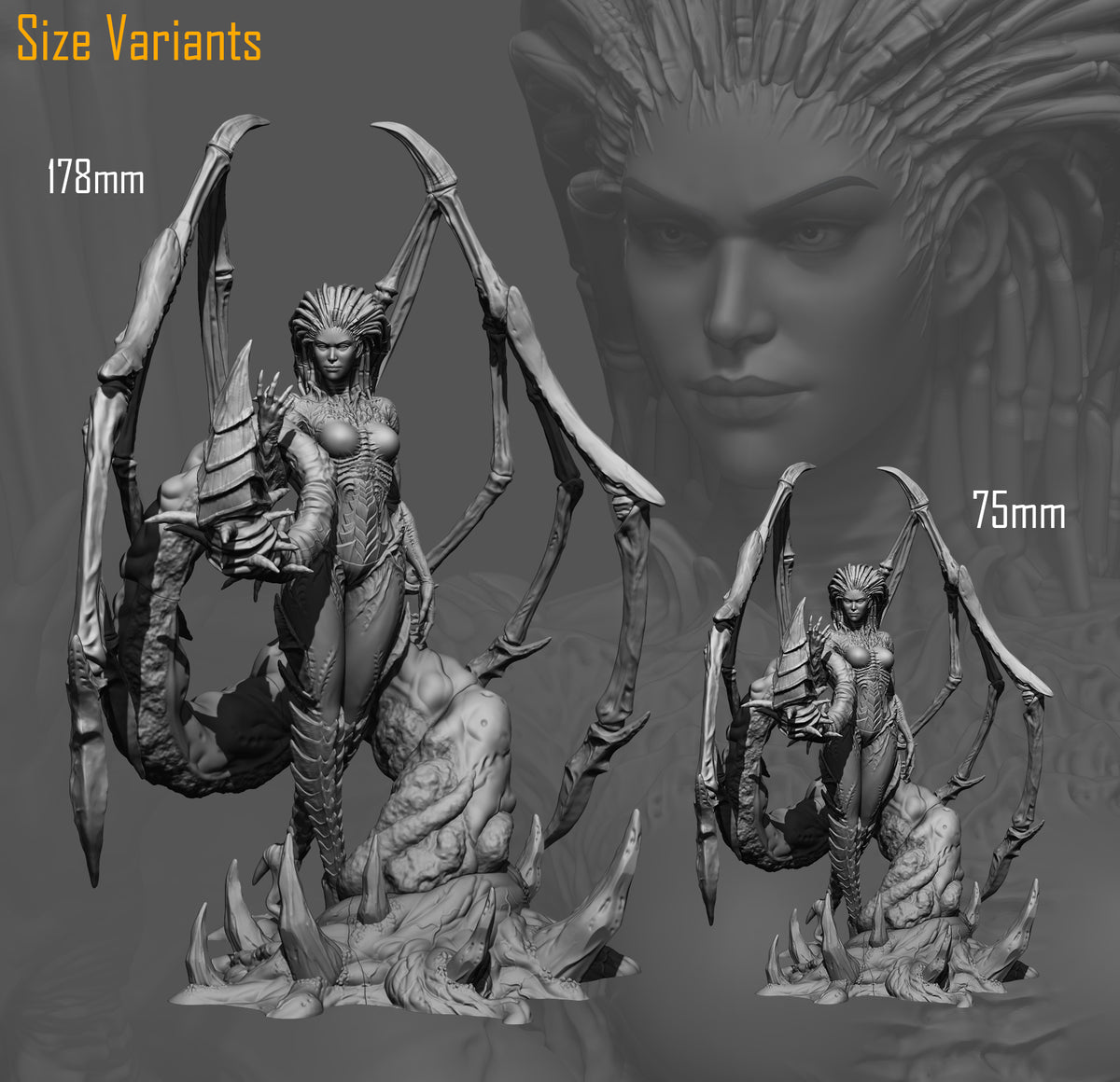 Kerrigan from Starcraft II is an unpainted resin figure in two sizes on a sculpted base.