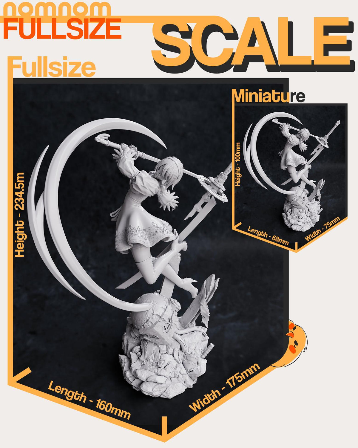 2B from NieR: Automata resin figure shown unpainted in a dynamic pose with sword and sculpted base.