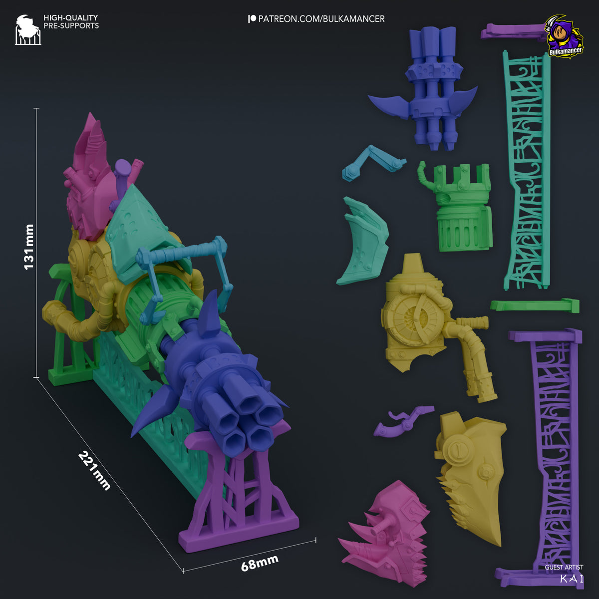 Disassembled resin figure parts for Jinx's Rhino Gun from Arcane, showing colorful unpainted components laid out against dark background.