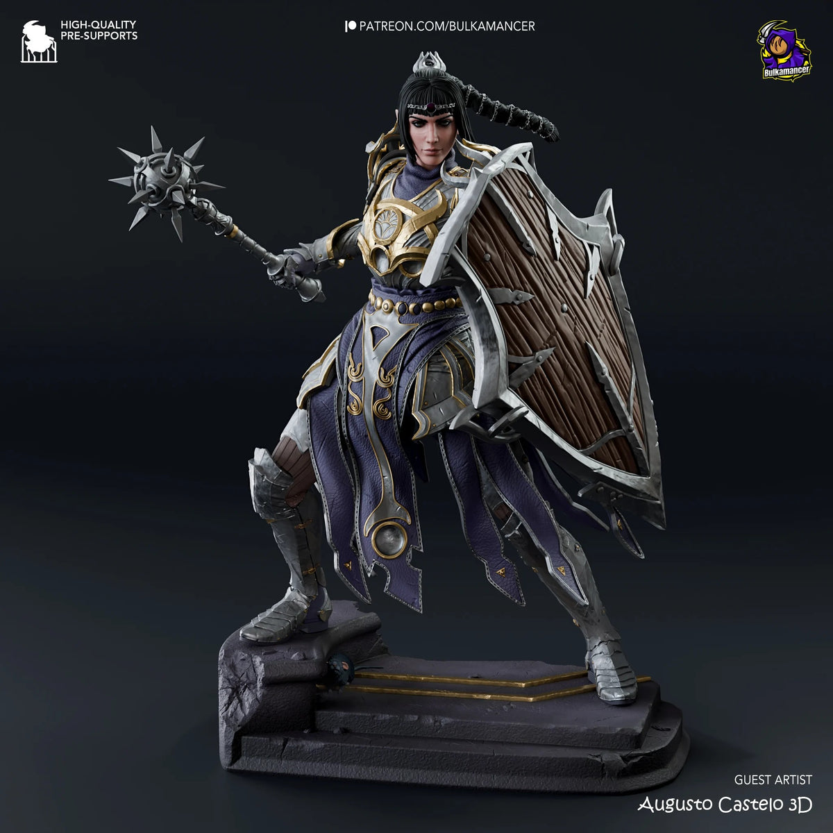Shadowheart resin figure from Baldur's Gate in dynamic pose holding spiked mace and shield, painted with gold and blue details, mounted on dark base.