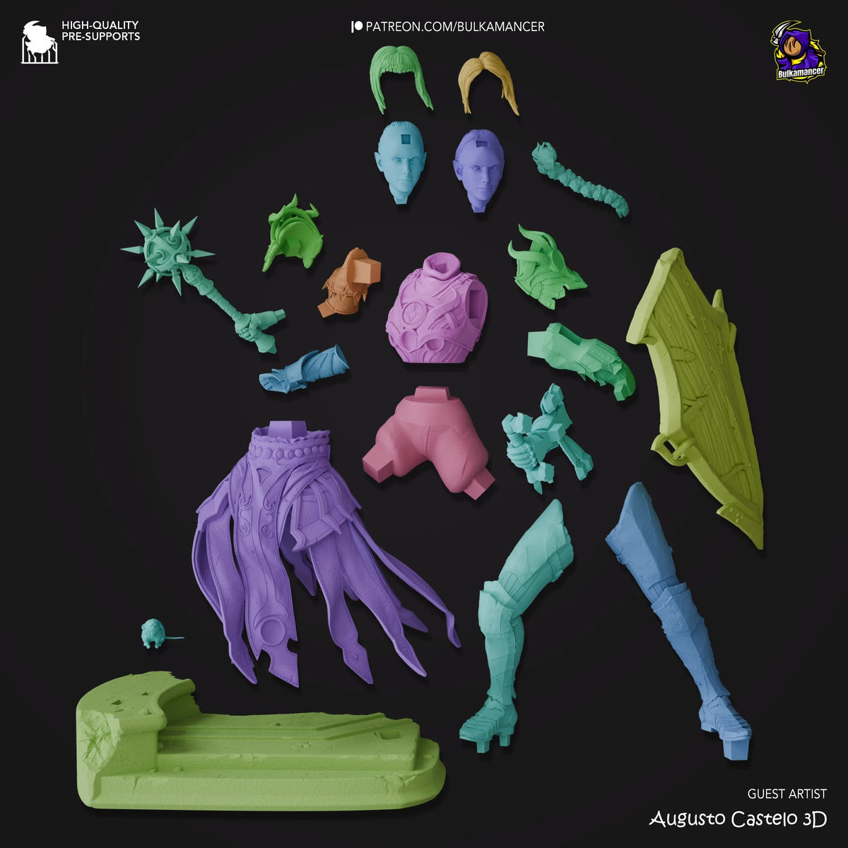 Shadowheart resin figure parts laid flat showing unpainted components in green, purple, blue, and pink including head, torso, legs, tentacles, and accessories from Baldur's Gate.