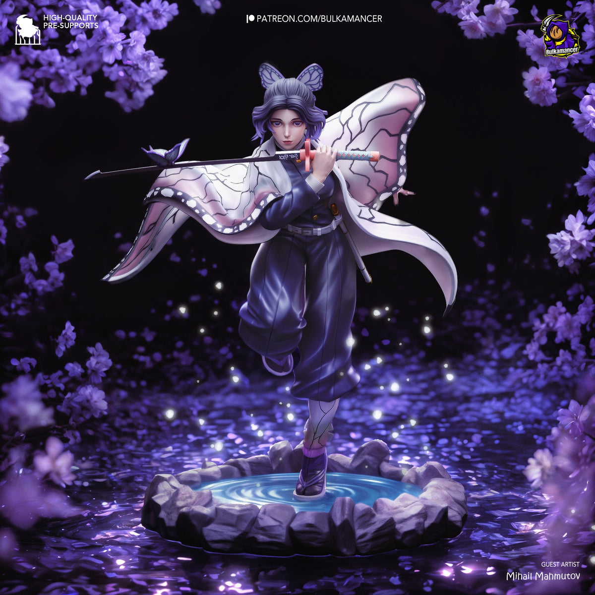 Shinobu Kocho resin figure in dynamic pose with butterfly wings extended, holding katana, painted in purple and white tones on circular base surrounded by purple flowers.
